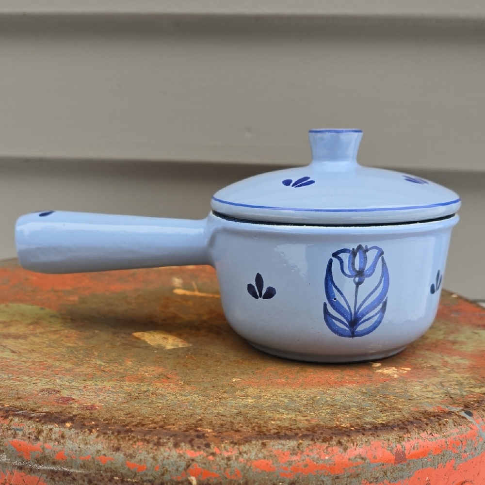 Vintage Enameled Cast Iron Lidded Saucepan Handpainted Blue Tuplips